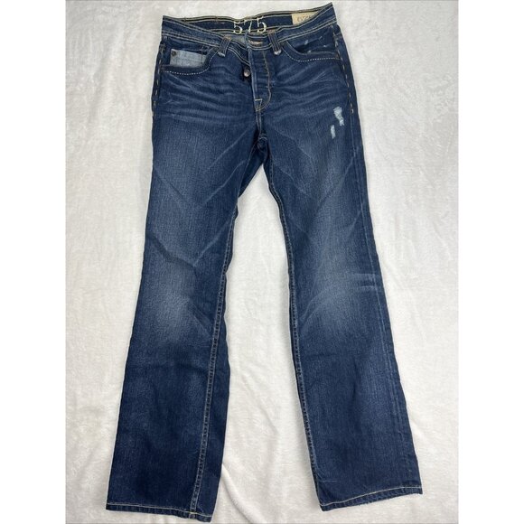 575 Los Angeles Denim Jeans Mens Sz 31 Bootcut Blue Wash Distressed Penny Button - Picture 1 of 10